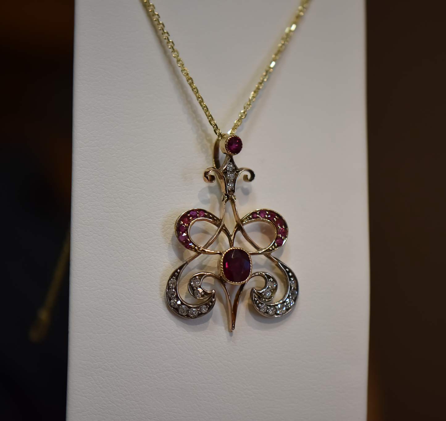 Amazing Art Nouveau British Ruby & Diamond Pendant in 15k Gold
