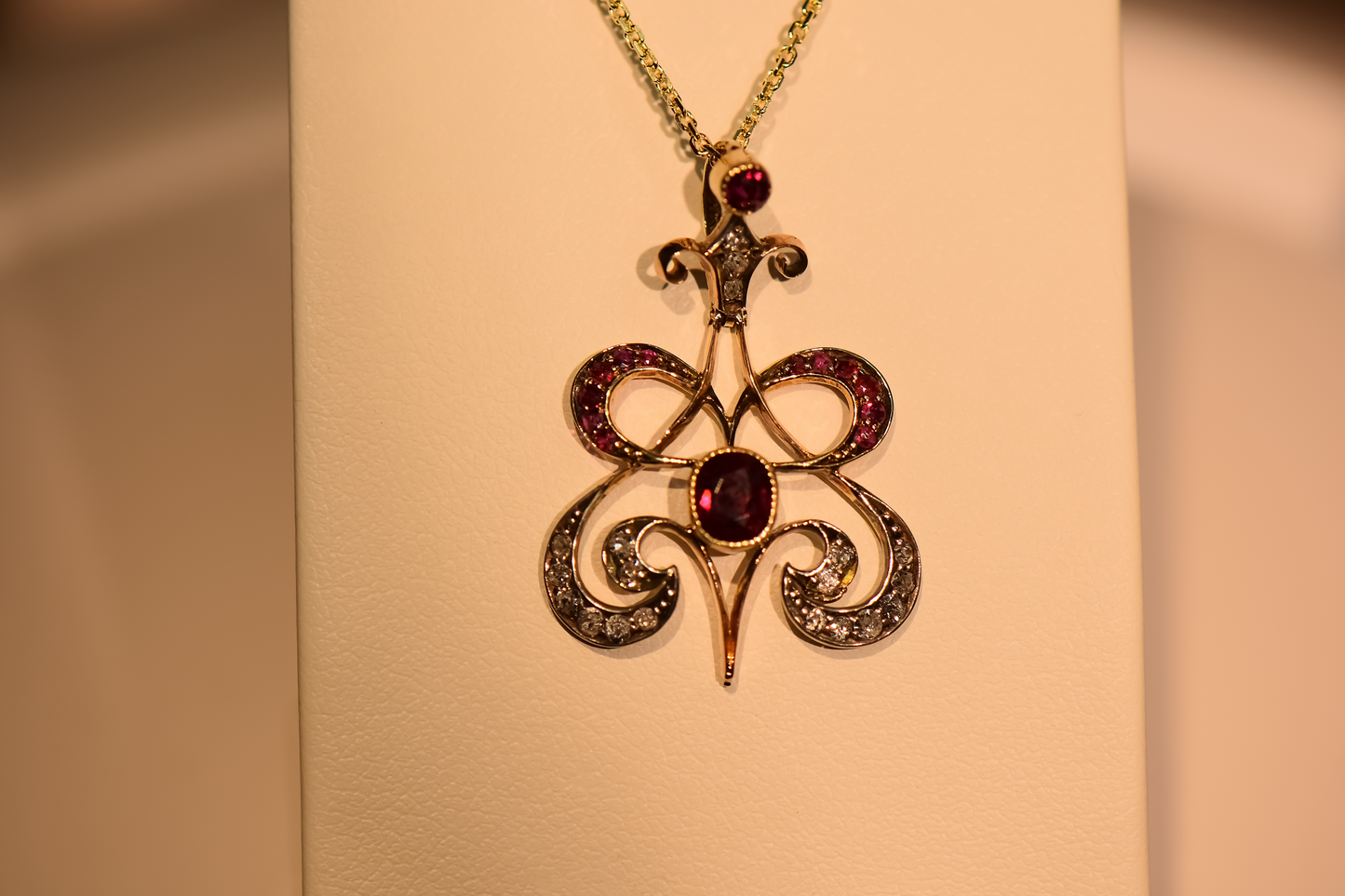Amazing Art Nouveau British Ruby & Diamond Pendant in 15k Gold