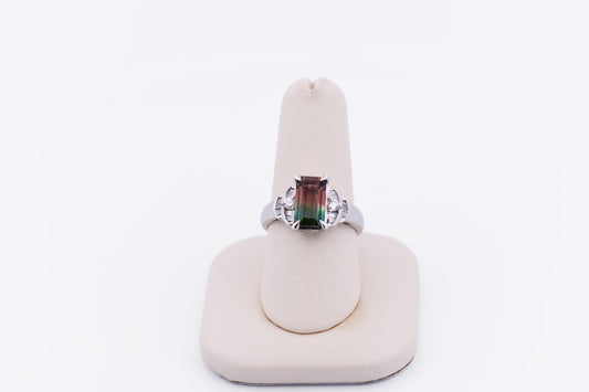 Amazing Bicolor Watermelon Tourmaline Ring Set in Platinum with Diamonds