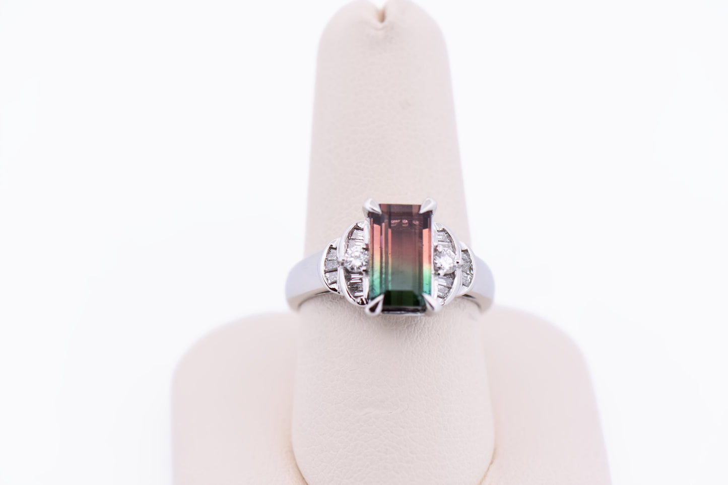 Amazing Bicolor Watermelon Tourmaline Ring Set in Platinum with Diamonds