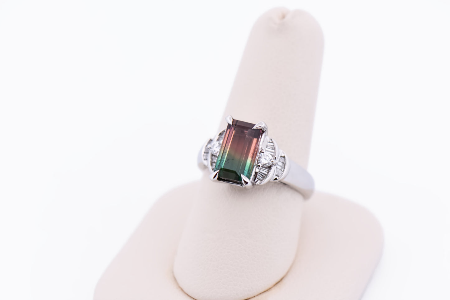 Amazing Bicolor Watermelon Tourmaline Ring Set in Platinum with Diamonds