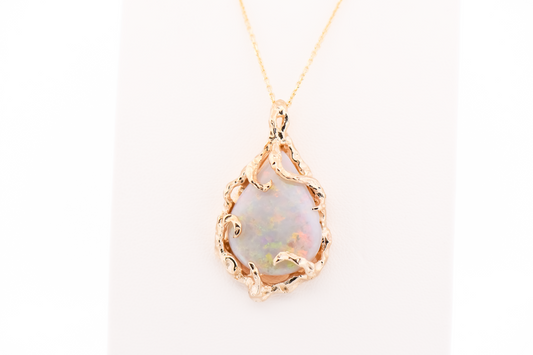Amazing Brutalist Pendant - Coober Pedy Opal Set in Yellow Gold Coral Inspired Frame
