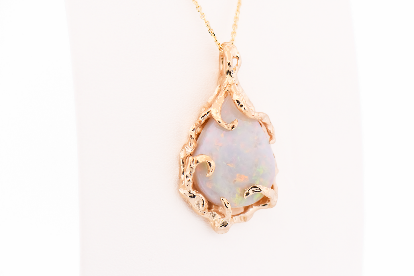 Amazing Brutalist Pendant - Coober Pedy Opal Set in Yellow Gold Coral Inspired Frame