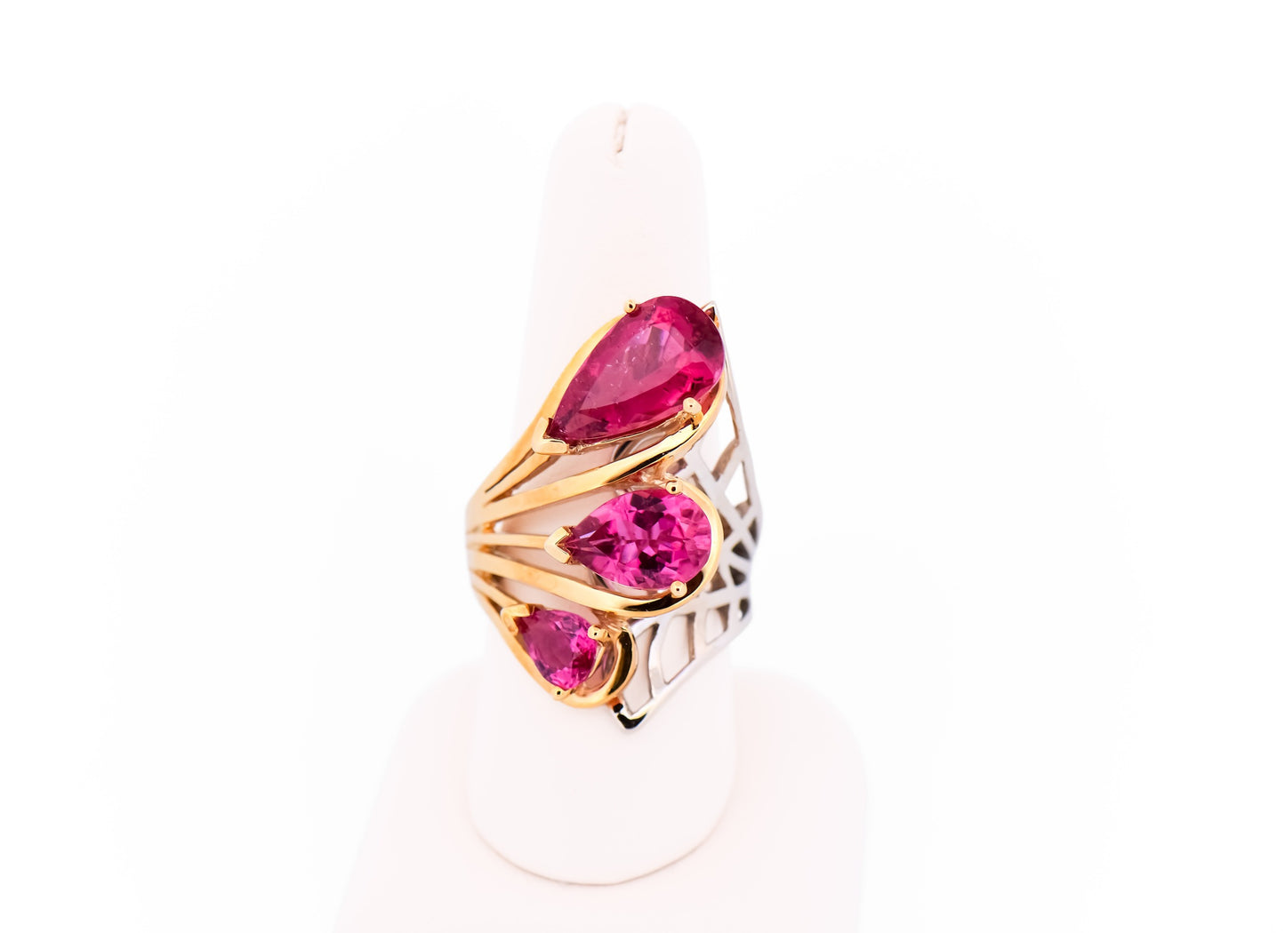 Amazing Cocktail Ring with Pear Shape Pink Tourmalines in Two-Tone Gold