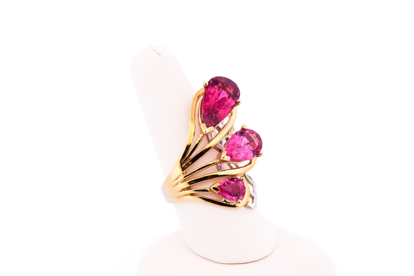 Amazing Cocktail Ring with Pear Shape Pink Tourmalines in Two-Tone Gold
