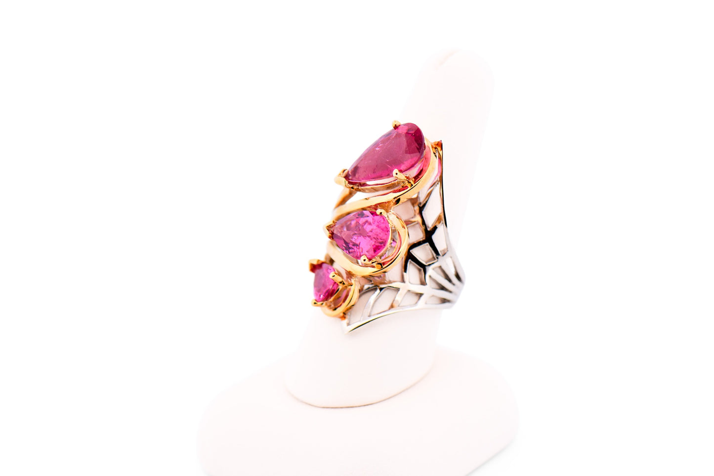 Amazing Cocktail Ring with Pear Shape Pink Tourmalines in Two-Tone Gold
