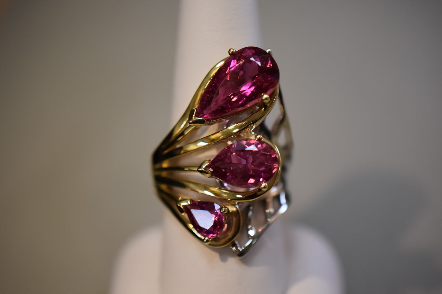 Amazing Cocktail Ring with Pear Shape Pink Tourmalines in Two-Tone Gold