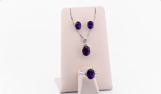 Amazing Dark Purple Amethyst Ring, Pendant & Earring Suite