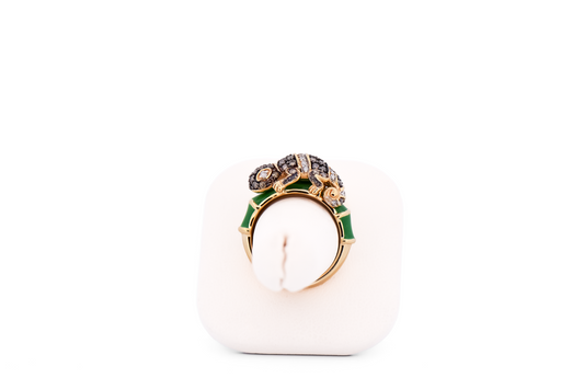Amazing Estate Chameleon Lizard Ring with Green Enamel & Diamonds