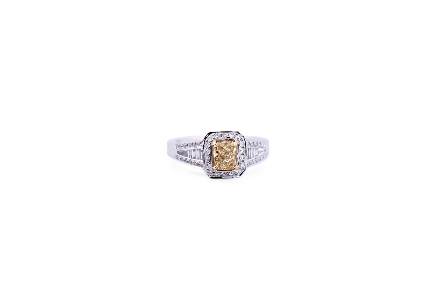Amazing Radiant Cut Natural Fancy Yellow Diamond Engagement Ring with White Diamond Accents