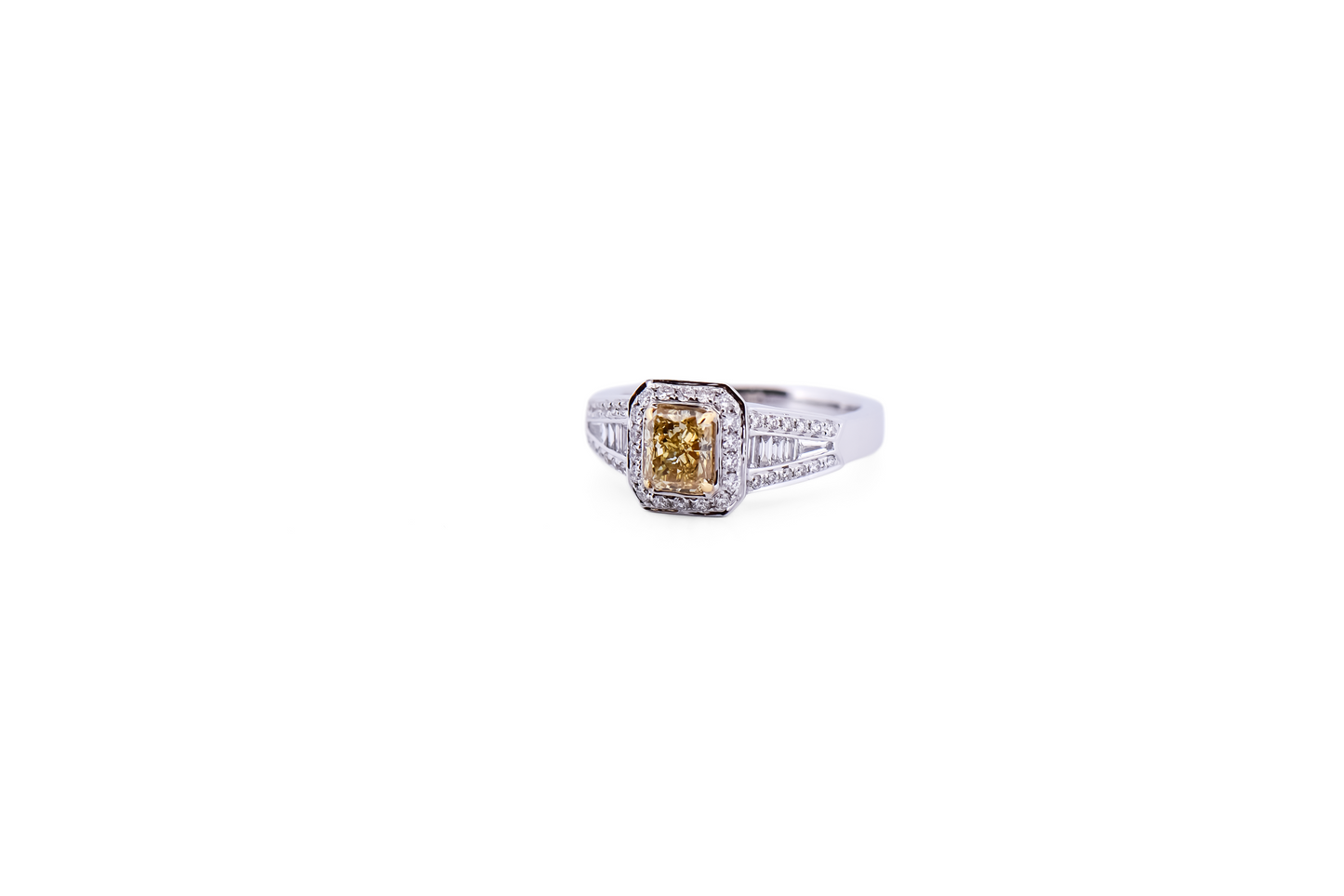 Amazing Radiant Cut Natural Fancy Yellow Diamond Engagement Ring with White Diamond Accents