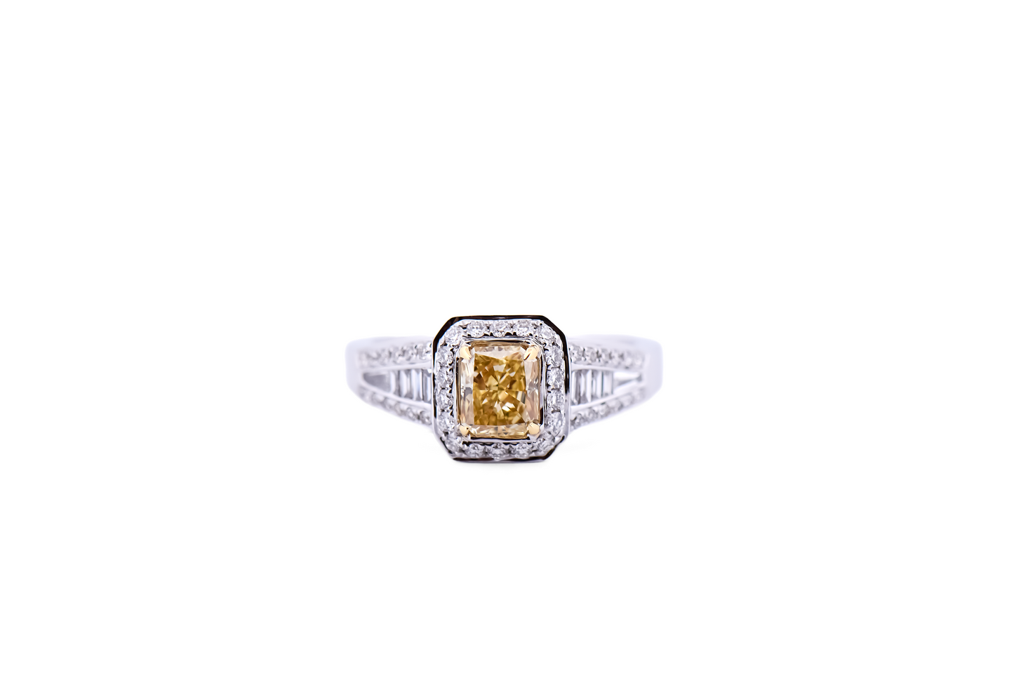 Amazing Radiant Cut Natural Fancy Yellow Diamond Engagement Ring with White Diamond Accents