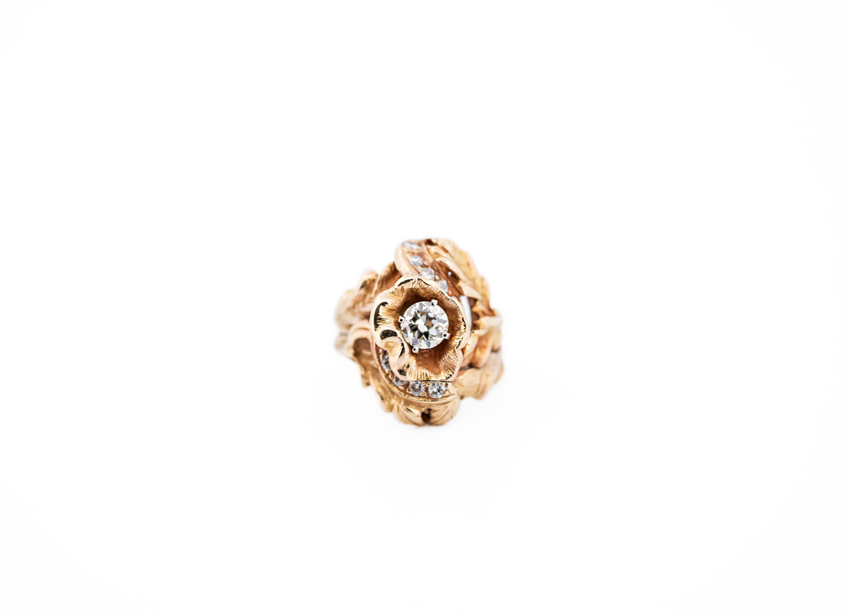 Amazing Vintage 1960s Floral Diamond Cocktail Ring in Hand-Carved Yellow Gold