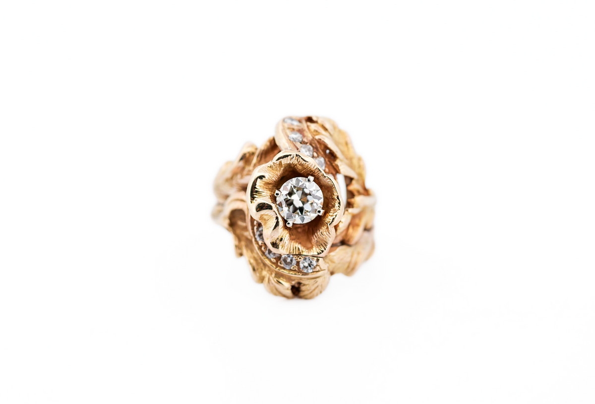 Amazing Vintage 1960s Floral Diamond Cocktail Ring in Hand-Carved Yellow Gold