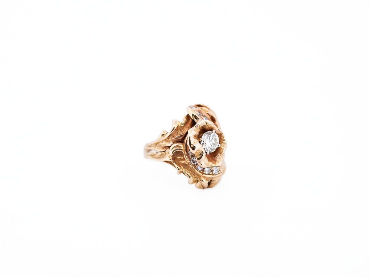 Amazing Vintage 1960s Floral Diamond Cocktail Ring in Hand-Carved Yellow Gold