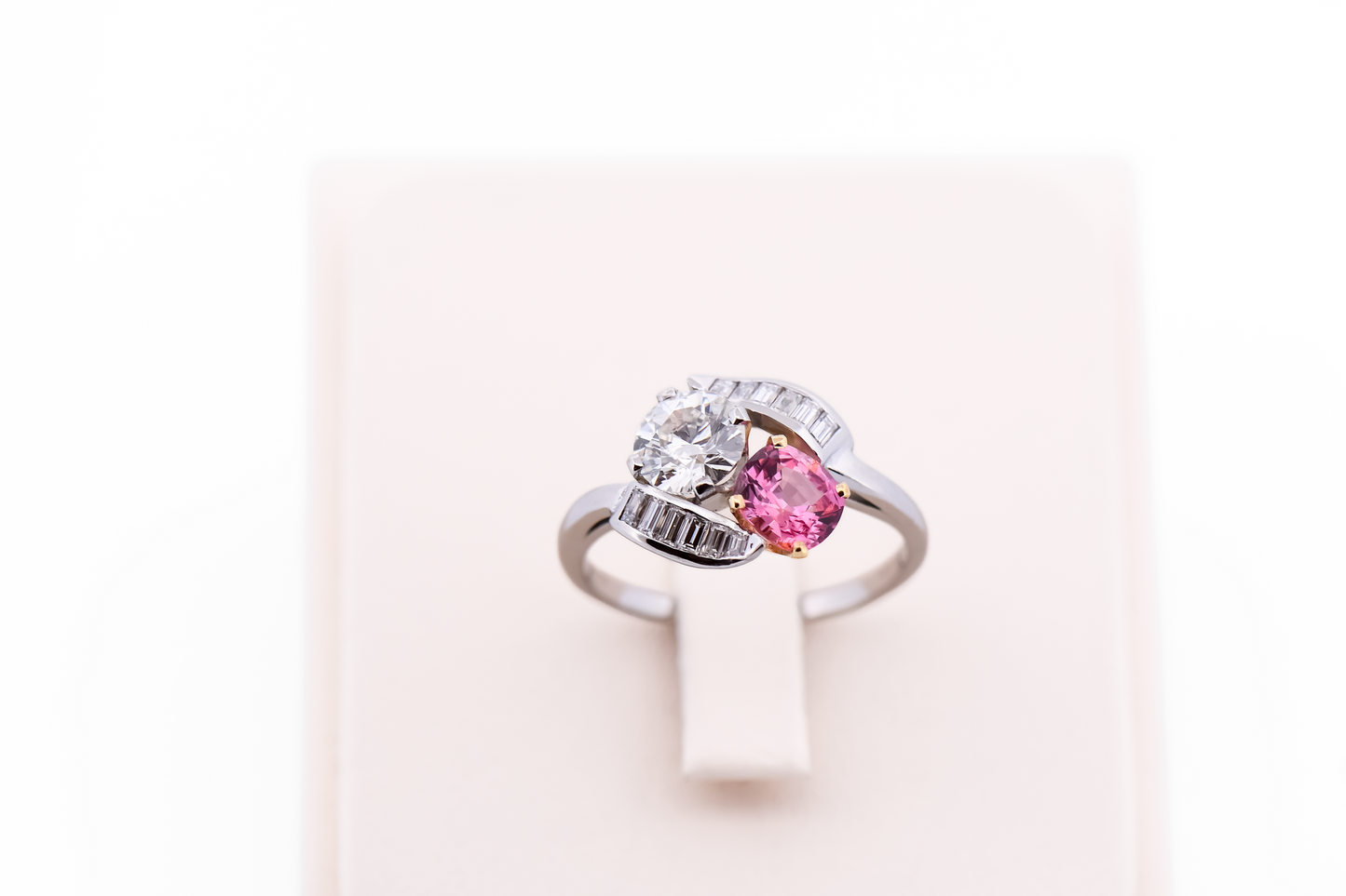 Amazing Vintage Platinum Toi et Moi Ring with Padparadscha Sapphire & Diamonds