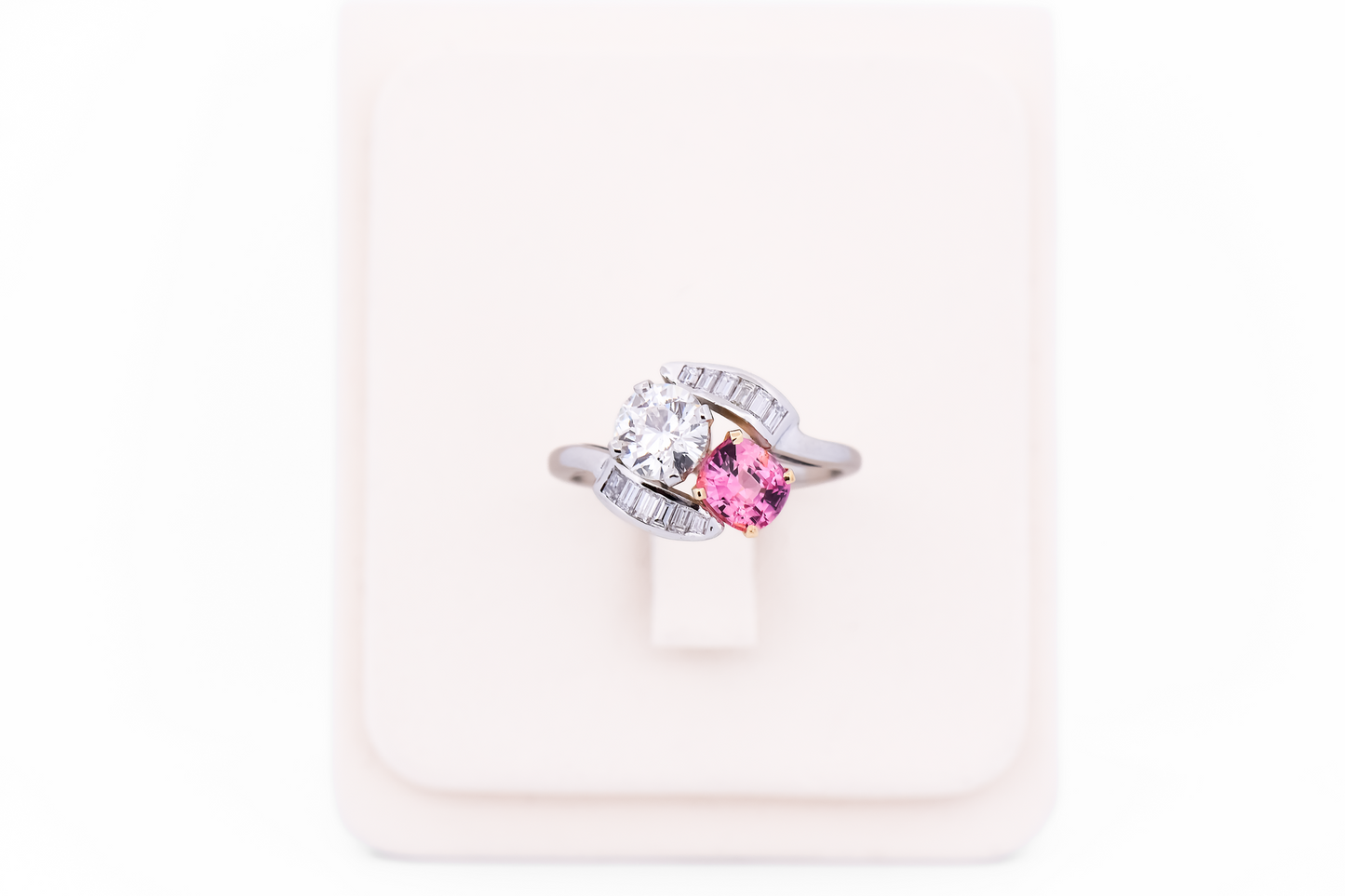 Amazing Vintage Platinum Toi et Moi Ring with Padparadscha Sapphire & Diamonds
