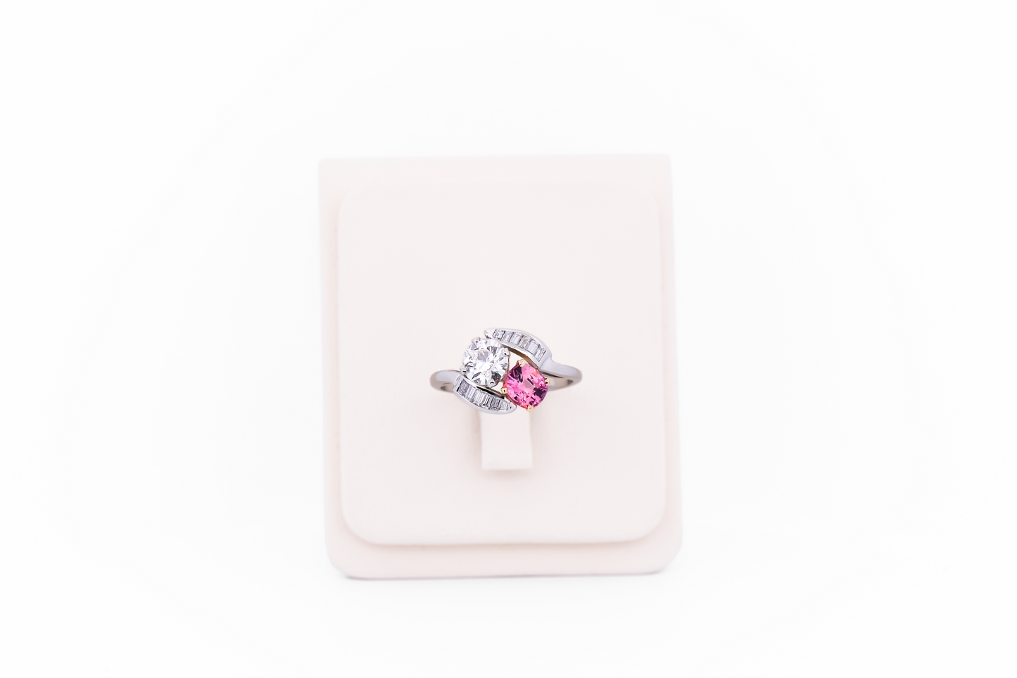 Amazing Vintage Platinum Toi et Moi Ring with Padparadscha Sapphire & Diamonds