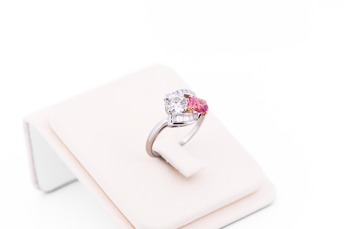 Amazing Vintage Platinum Toi et Moi Ring with Padparadscha Sapphire & Diamonds
