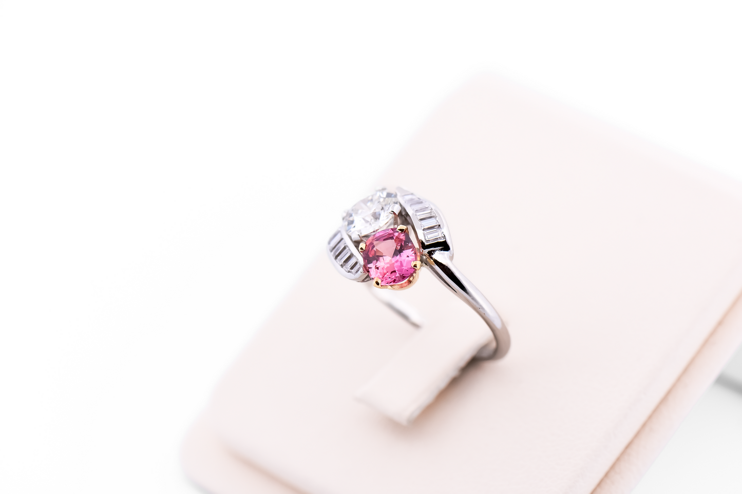 Amazing Vintage Platinum Toi et Moi Ring with Padparadscha Sapphire & Diamonds