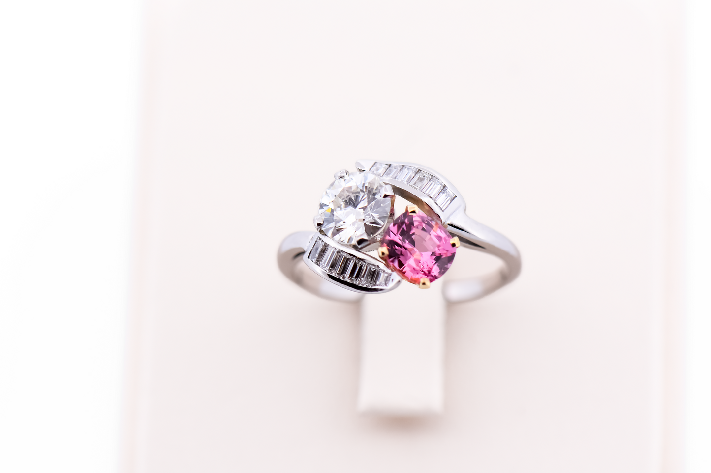 Amazing Vintage Platinum Toi et Moi Ring with Padparadscha Sapphire & Diamonds