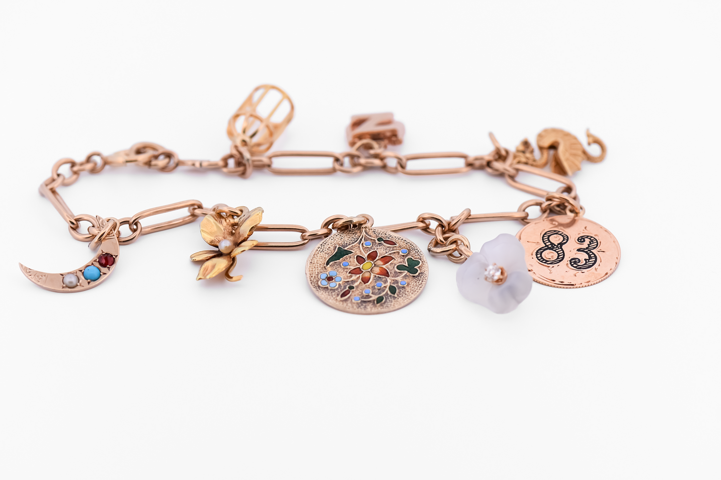 Antique 14k Paperclip Link Bracelet with Charms- Flowers, Dragons, Enamel