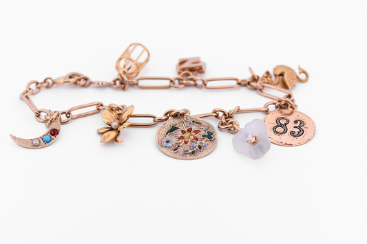 Antique 14k Paperclip Link Bracelet with Charms- Flowers, Dragons, Enamel