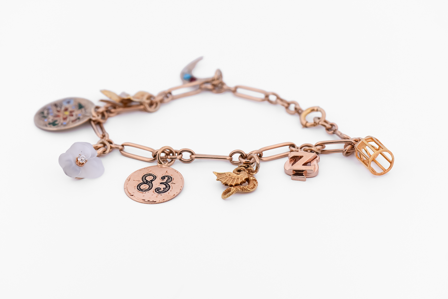 Antique 14k Paperclip Link Bracelet with Charms- Flowers, Dragons, Enamel