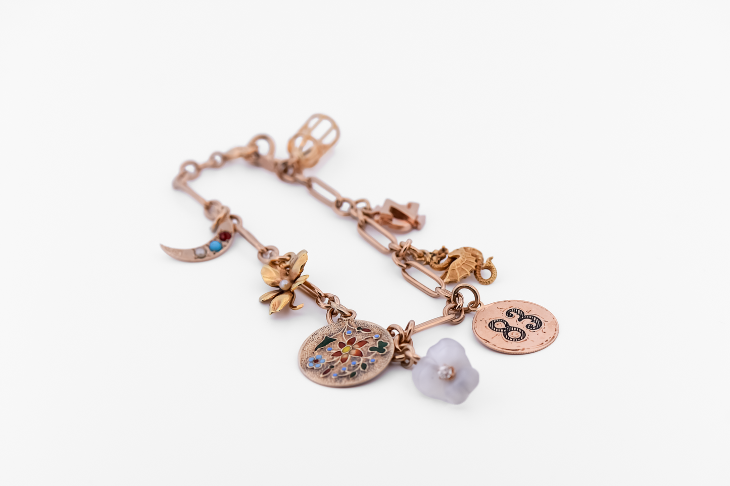 Antique 14k Paperclip Link Bracelet with Charms- Flowers, Dragons, Enamel