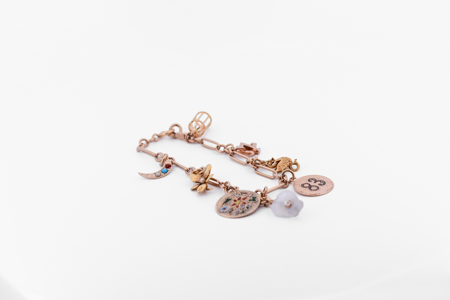 Antique 14k Paperclip Link Bracelet with Charms- Flowers, Dragons, Enamel