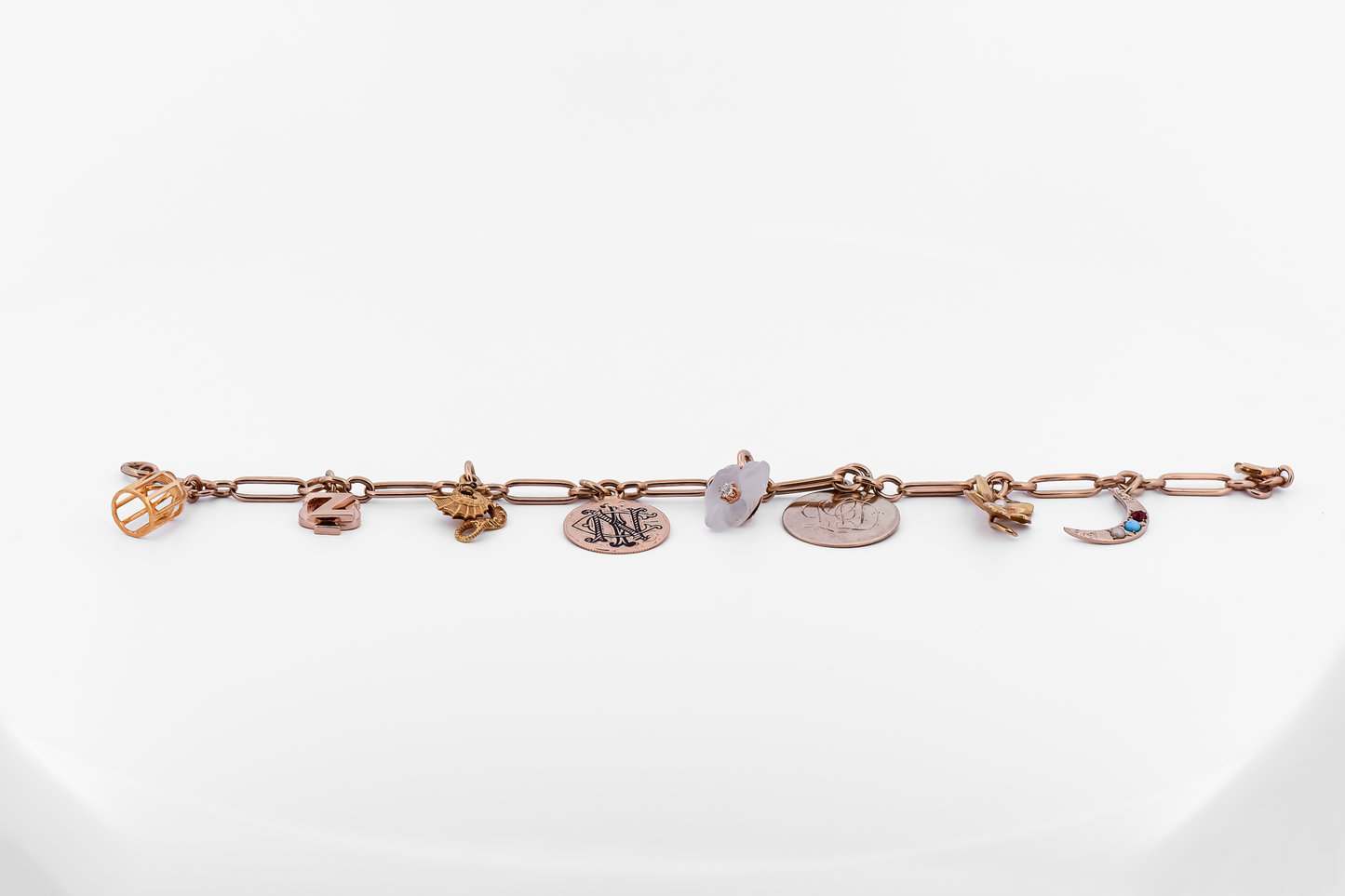 Antique 14k Paperclip Link Bracelet with Charms- Flowers, Dragons, Enamel