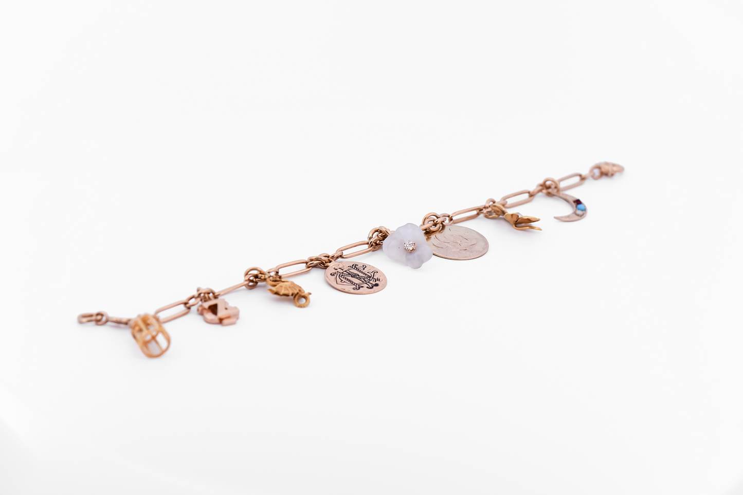 Antique 14k Paperclip Link Bracelet with Charms- Flowers, Dragons, Enamel