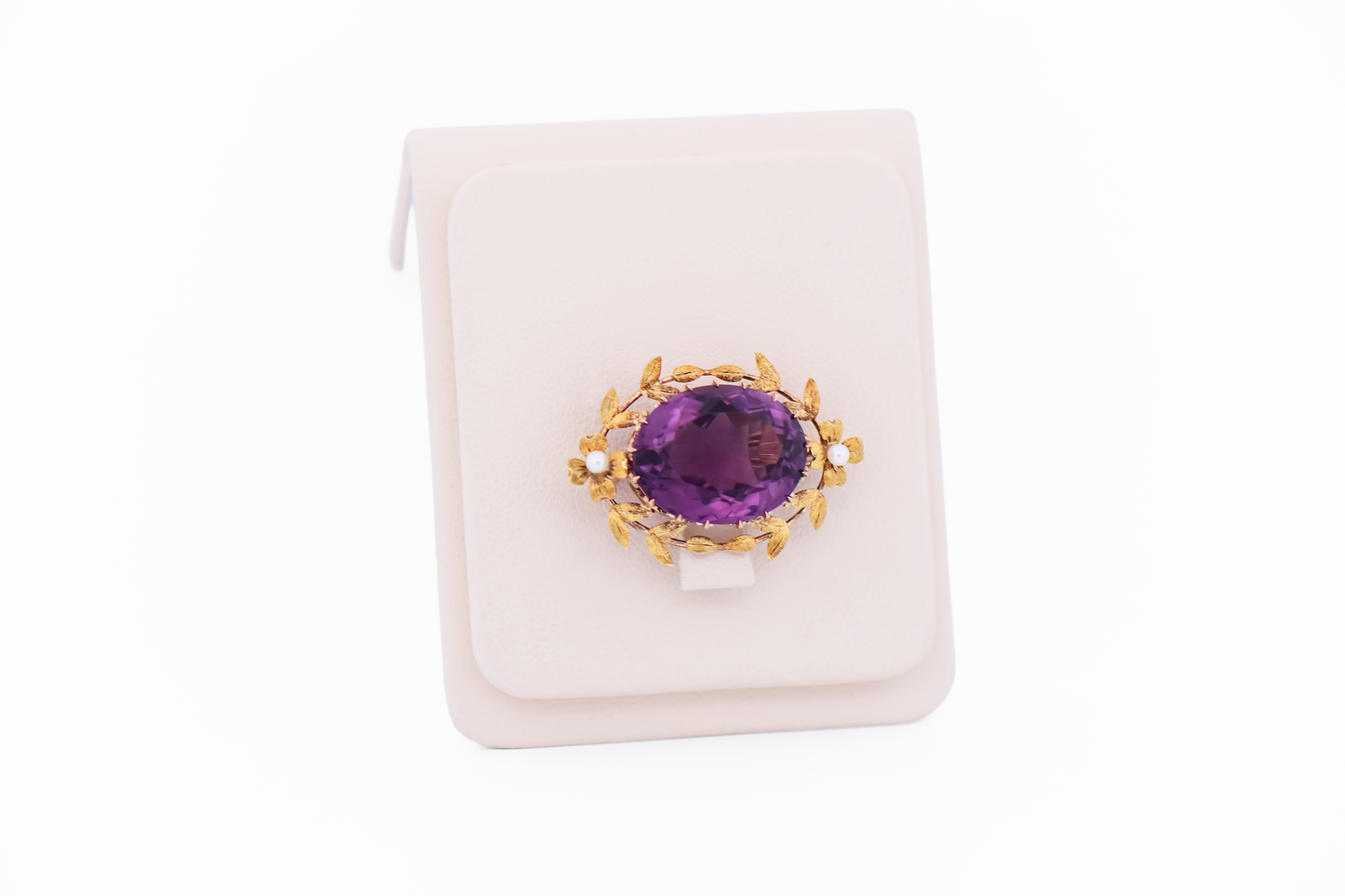 Antique Amethyst Brooch with Floral Gold Trim & Pearl Accents