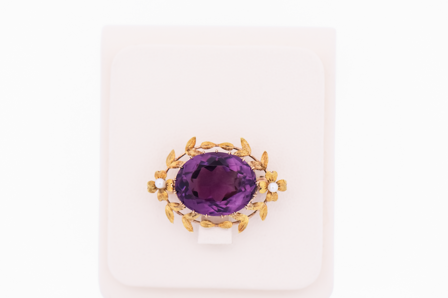 Antique Amethyst Brooch with Floral Gold Trim & Pearl Accents