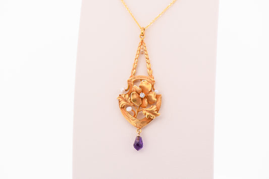 Antique Amethyst, Pearl & Diamond Floral Lavalier Pendant in Bloomed Gold