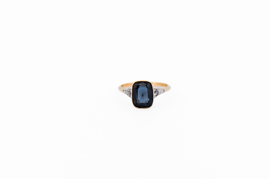 Antique Bezel Set Engagement Ring with Rose Cut Diamonds & Deep Blue Spinel