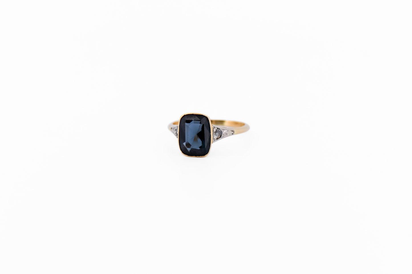 Antique Bezel Set Engagement Ring with Rose Cut Diamonds & Deep Blue Spinel