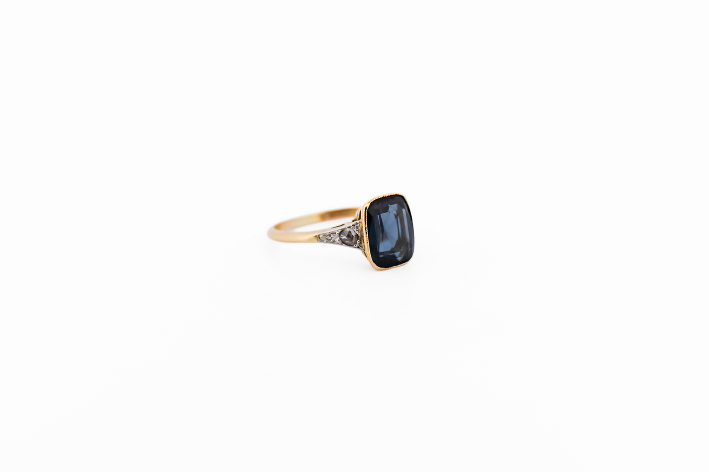 Antique Bezel Set Engagement Ring with Rose Cut Diamonds & Deep Blue Spinel
