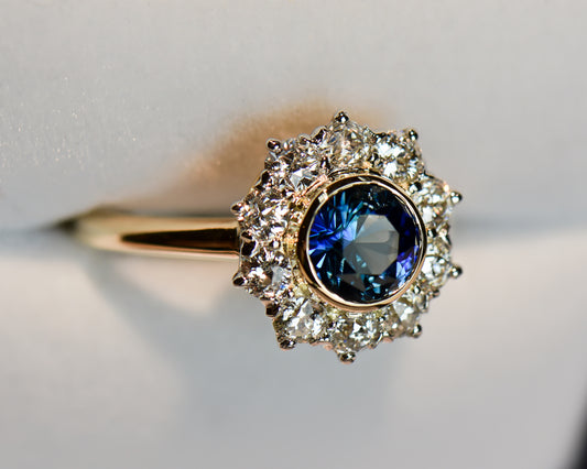 Antique Bezel Set Teal-Blue Sapphire & Old Euro Diamond Halo Ring