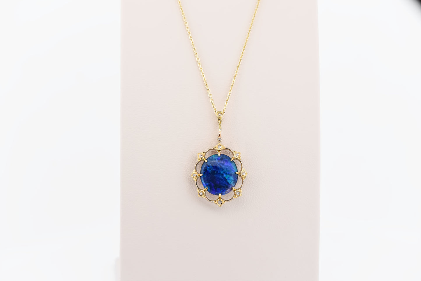 Antique Black Opal & Diamond Pendant with Rose Cut Diamond Accents