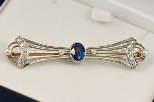 Antique Bow Brooch With Sapphire, Diamonds & Pearls