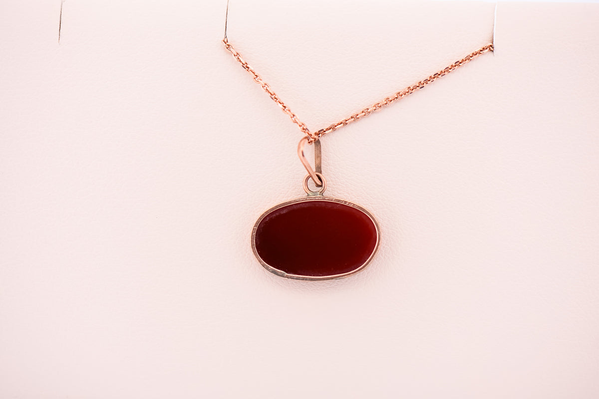 Antique Carnelian Pendant Set in Thin 9k Rose Gold Bezel Setting
