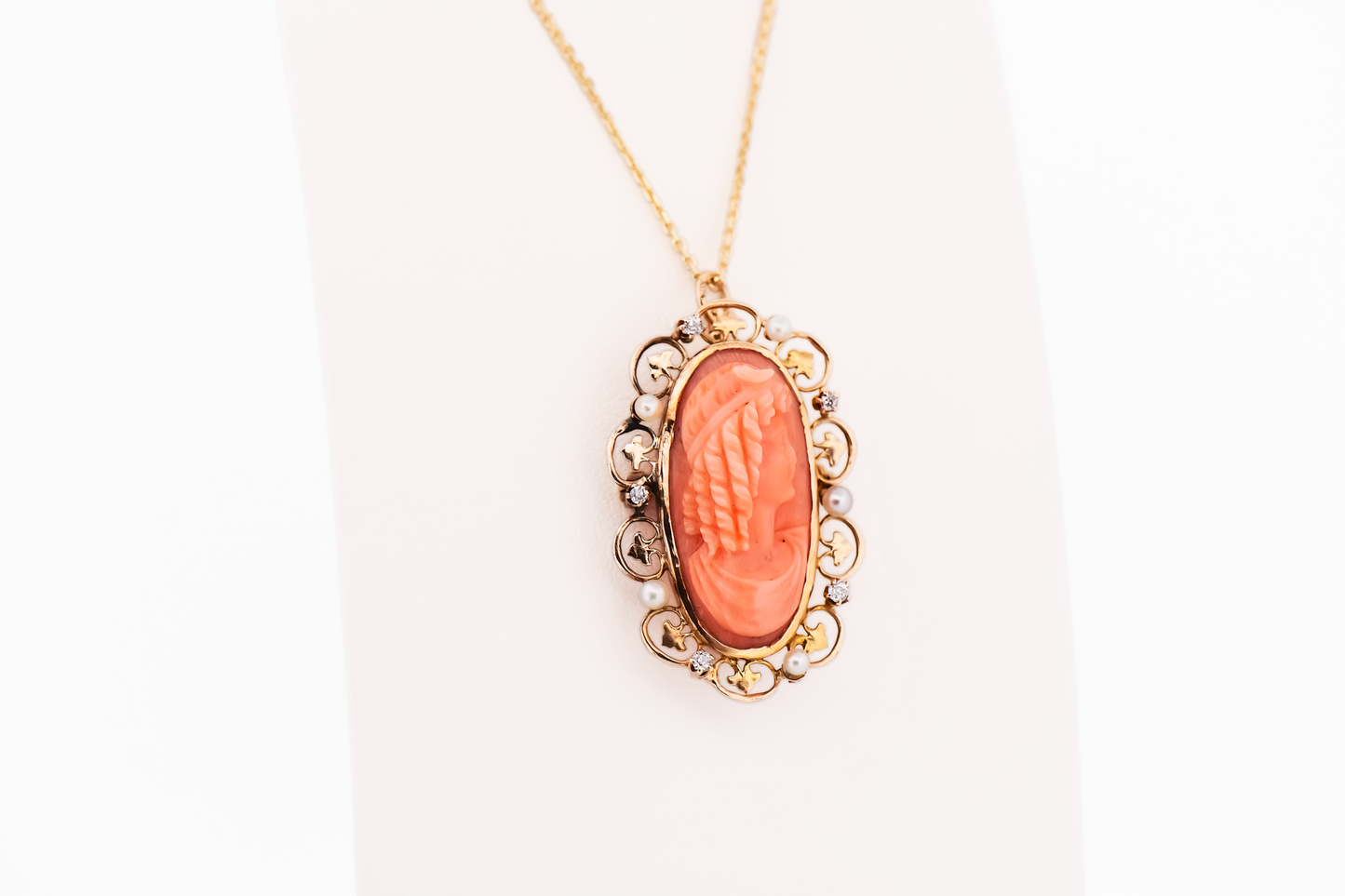 Antique Carved Coral Cameo with Pearl & Diamond Frame - Pin Pendant Combo