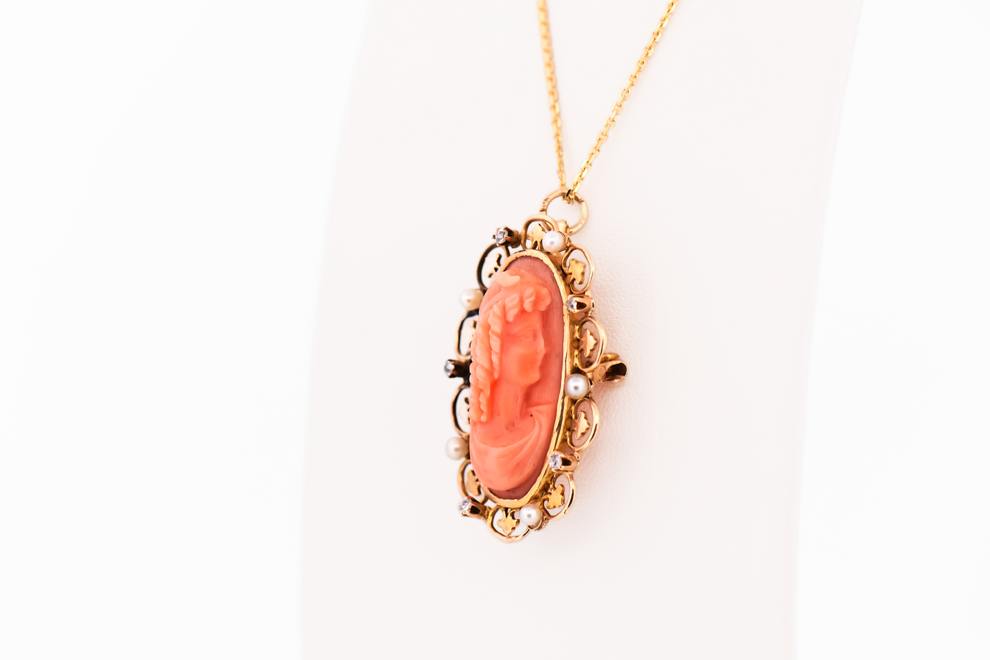 Antique Carved Coral Cameo with Pearl & Diamond Frame - Pin Pendant Combo