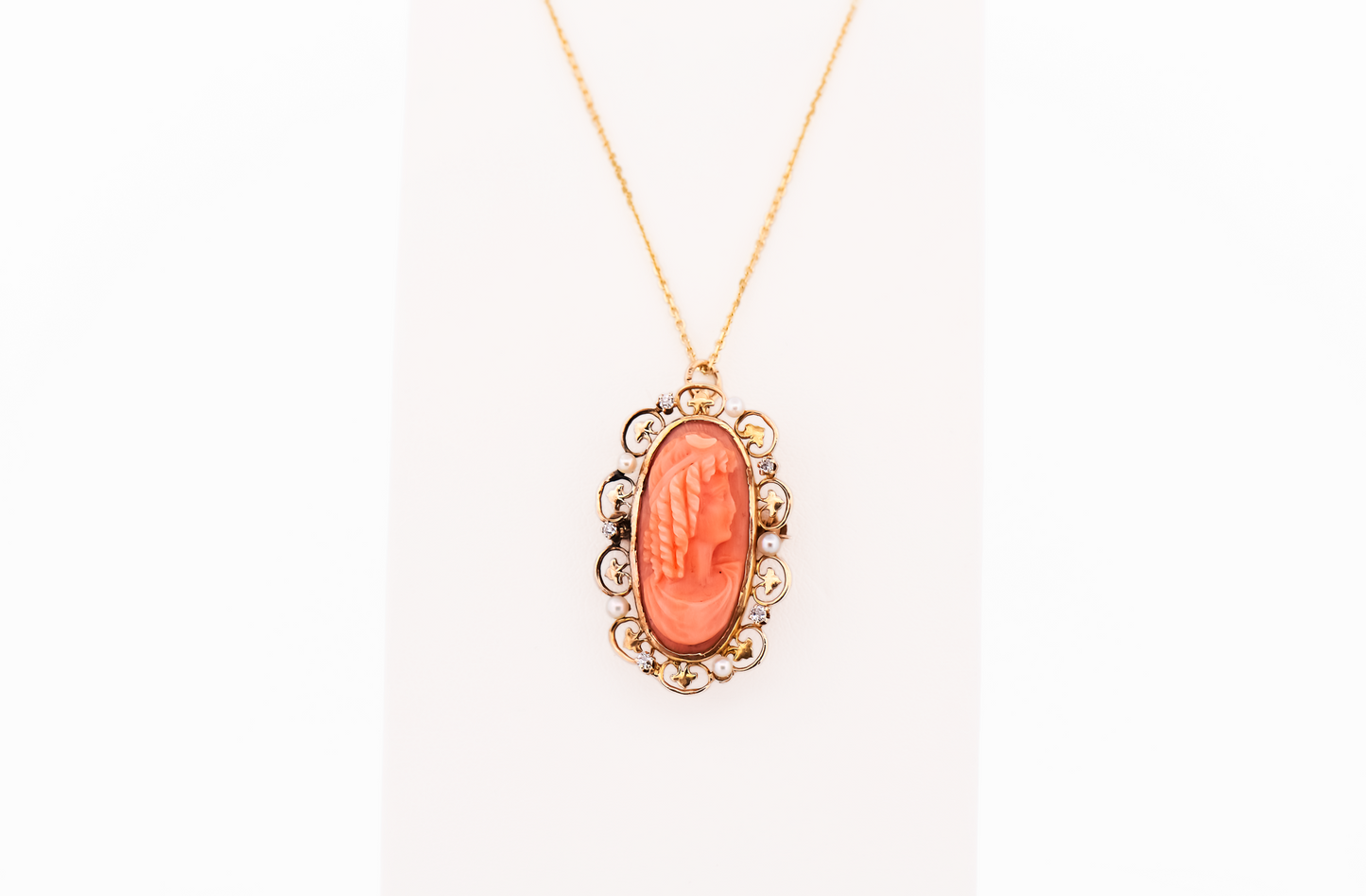 Antique Carved Coral Cameo with Pearl & Diamond Frame - Pin Pendant Combo