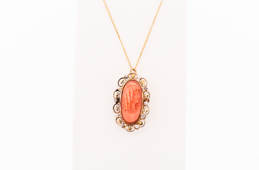 Antique Carved Coral Cameo with Pearl & Diamond Frame - Pin Pendant Combo