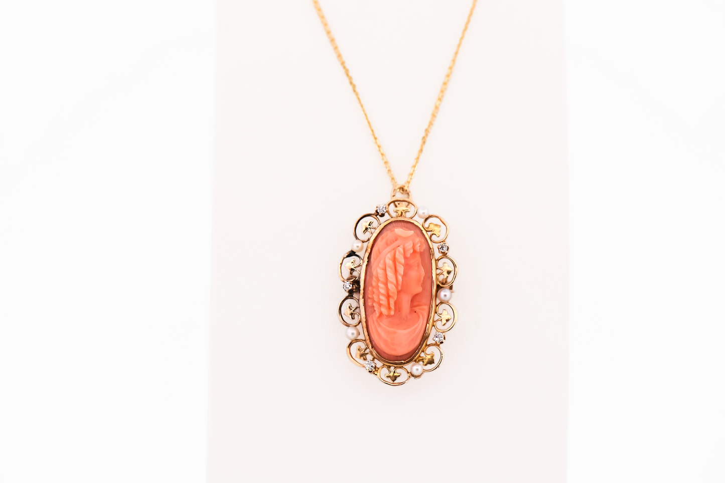 Antique Carved Coral Cameo with Pearl & Diamond Frame - Pin Pendant Combo