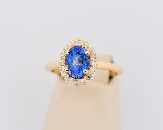 Antique Ceylon Blue Sapphire & Diamond Halo Engagement Ring