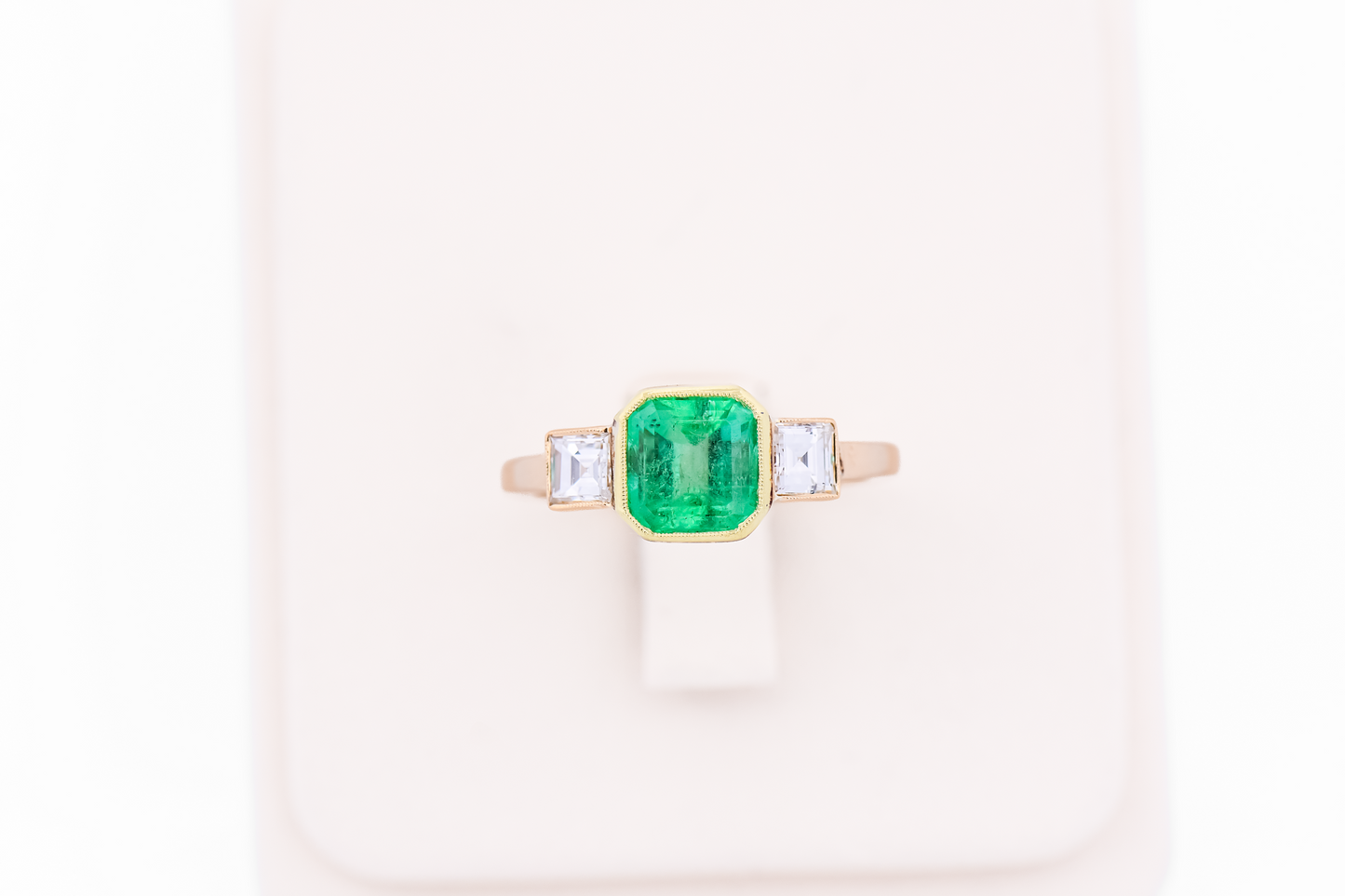 Antique Colombian Emerald & Diamond Three-Stone Bezel Set Ring
