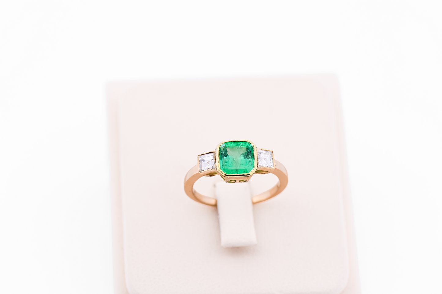 Antique Colombian Emerald & Diamond Three-Stone Bezel Set Ring